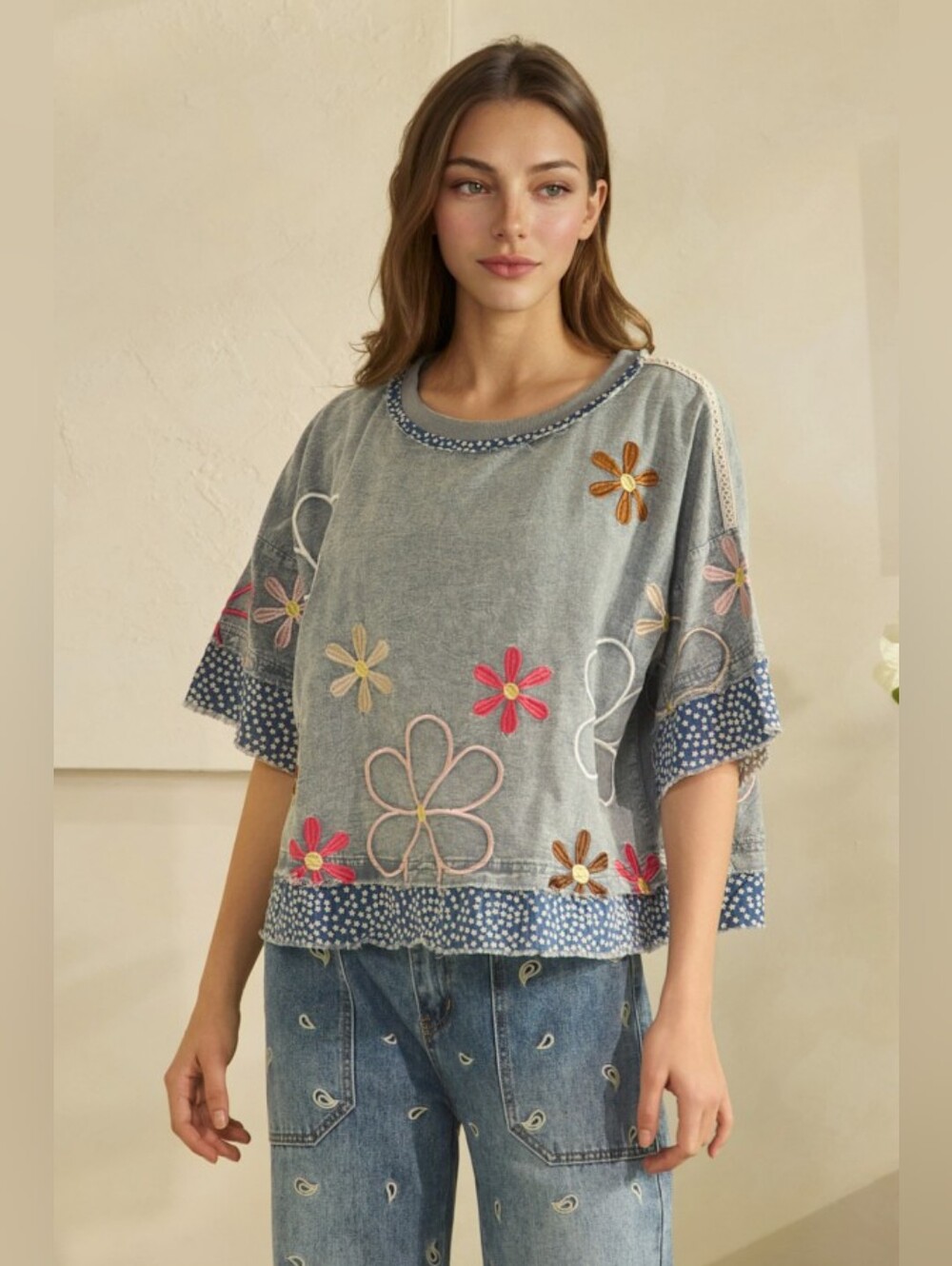 #1594 Oli & Hali Boho Bloom Patchwork Tee (Slate)